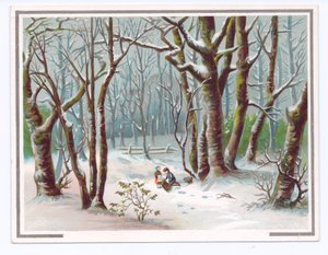 Carte de vœux victorienne avec deux enfants ramassant des branches dans la neige, vers 1880 (lithographie en couleur) - English School