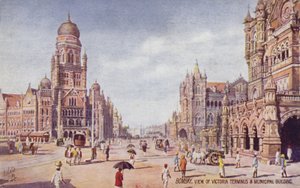 Vue de Victoria Terminus et du bâtiment municipal, Bombay (lithographie couleur) - English School