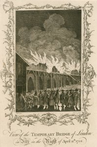Vue du pont temporaire de Londres en feu dans la nuit du 11 avril 1758 - English School