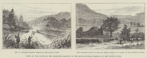 Vues sur la route du chemin de fer projeté dans le district des Blue Mountains de Nouvelle-Galles du Sud (gravure) - English School
