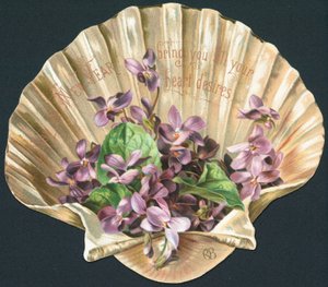 Violettes dans une coquille de palourde, carte de Nouvel An - English School