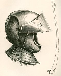 Casque à visière datant de c.1643. La pièce sur le côté est la prop de la visière, taille réelle, utilisée pour maintenir la visière à différents angles selon l
