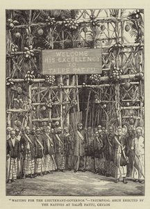 "En attendant le lieutenant-gouverneur", Arc de triomphe érigé par les indigènes à Talpe Pattu, Ceylan (gravure)