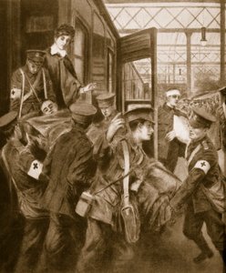 Blessés de guerre arrivant à une gare de Londres, 1914-19 - English School