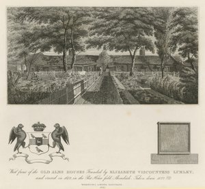 Façade ouest des anciennes aumônes fondées par Elizabeth Viscountess Lumley (gravure) - English School