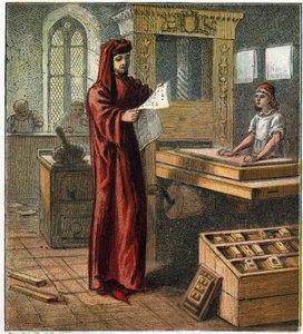 William Caxton (1422-1491), premier imprimeur anglais, dans son atelier avec une presse à imprimer. William Caxton, le premier imprimeur anglais