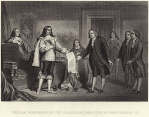 William Penn recevant la charte de Pennsylvanie de Charles II - English School