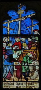 Fenêtre SaEw représentant une scène de la légende de Saint Nicolas : les navires de grain déchargent à Myra - English School