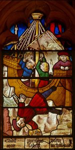Fenêtre SaEw représentant une scène de la légende de Saint Nicolas : le miracle du garçon et de la coupe : le garçon chargé d
