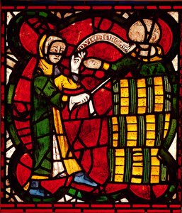 Vitrail représentant un vendeur de barils, vers 1300 - English School