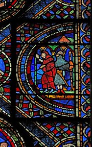 Fenêtre n7 représentant une scène de la vie de Saint Thomas Becket : un chevalier armé et un moine