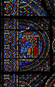 Fenêtre n7 représentant une scène de la vie de Saint Thomas Becket : les chevaliers à la porte de Canterbury - English School