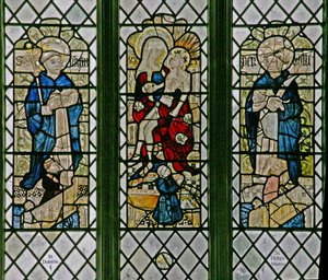 Fenêtre w4 représentant la Pietà avec Saint Dominique et Saint Pierre Martyr : petites figures de donateurs - English School