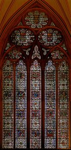 Fenêtre w57 représentant la fenêtre est de la salle capitulaire : Enfance du Christ : Mort de la Vierge