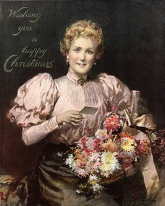 Femme tenant un bouquet de fleurs, avec la légende, Joyeux Noël