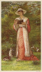 Femme lisant un livre dans un jardin avec des lapins - English School