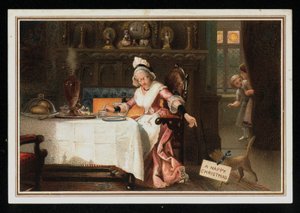 Femme prenant le thé avec son chat, carte de vœux de Noël - English School