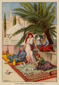 Femmes nourrissant des pigeons sur un toit à Tunis