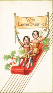 Poupées en bois faisant de la luge, Carte de Noël - English School
