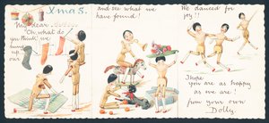 Poupées en bois tricotant, jouant et dansant, Carte de Noël - English School