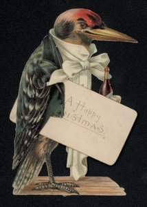Pic vert habillé en serveur ou majordome, carte de vœux de Noël (chromolithographie) - English School