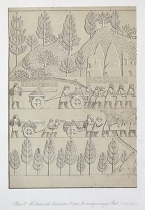 Ouvriers avec des outils et des cordes pour déplacer un taureau ailé, planche 17 de Ninive et ses restes par Austen Henry Layard (1817-94) publié en 1849 - English School
