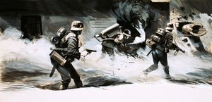 Les soldats de la Seconde Guerre mondiale attaquent un bunker avec un lance-flammes - English School