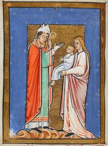 Yates Thompson 26 f.62v Saint Cuthbert guérissant un enfant de la peste, illustration de la 