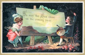Jeune artiste montrant son travail, carte de Nouvel An - English School