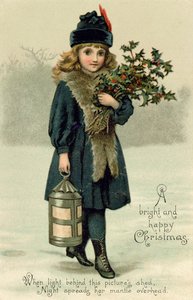 Jeune fille avec du houx et une lanterne, carte postale, début du 20ème siècle