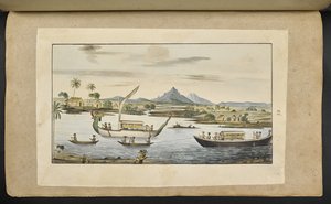 Scène de rivière à Java avec des bateaux, y compris un bateau à tête de dragon - English School