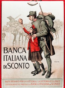 Première Guerre mondiale : affiche italienne encourageant un prêt national représentant un soldat avec une petite fille offrant sa lire - Illustration par Enrico della Leonessa (Lioness) (1875-1921)