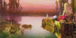 Ruines inondées au coucher du soleil, vers 1898