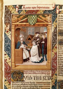 Saint Ambroise (339-397), archevêque de Milan, présente ses œuvres à un parent, tiré des "Œuvres de Saint Ambroise (vol.1)"