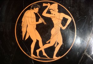 Coupe à boire, Kylix de fille dansant avec un jeune jouant de la flûte, Attique, vers 510 av. J.-C.