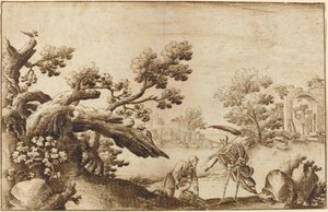 La mort et le bûcheron dans un paysage côtier avec des ruines - Ercole Bazicaluva