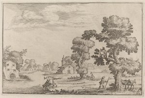 Village au bord du lac avec des bergers - Ercole Bazicaluva
