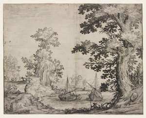 Paysage avec une rivière entre arbres et collines, deux navires au centre - Ercole Bazzicaluva