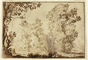 Paysage boisé avec un voyageur au premier plan