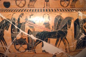 (détail) de Zeus et Héra dans un char avec Calliope du Vase François, 6e siècle av. J.-C. - Ergotimos