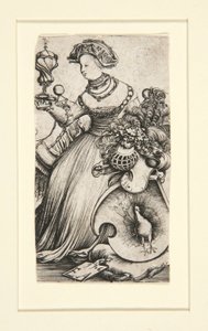Femme et un blason avec un paon