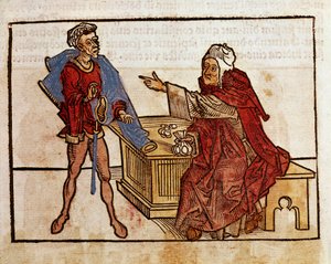 Transaction entre un Juif et un usurier Page tirée du livre de voyage « peregrinatio in terram sanctam » après le pèlerinage en Terre Sainte de Bernard de Breydenbach (Breidenbach) (1454-1497) illustré par des gravures d