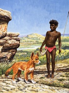 Garçon aborigène avec dingo (gouache sur papier)