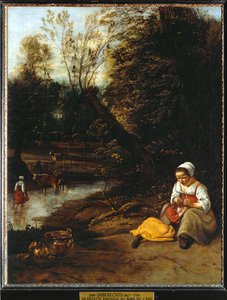 Femme epouillant une fillette au bord de l