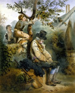 Enfants volant des pommes sous le nez du fermier endormi - lithographie par Grenier, v.1840 - Ernest (after) Grenier
