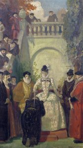 La reine Elizabeth I adoubant Sir John Young sur les marches de sa propriété, The Great House, Bristol, 1910-20