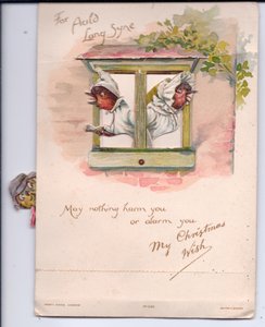 Carte de Noël victorienne de deux rouges-gorges en vêtements de nuit regardant par la fenêtre avec inquiétude, c.1880 - Ernest Henry Griset