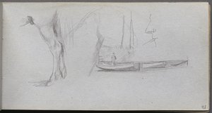 Carnet de croquis, page 43 : Études : Jambe de cheval, figure dans un bateau et profil