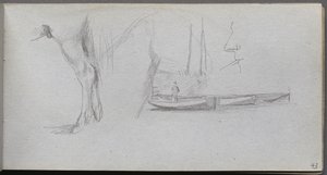 Carnet de croquis, page 43 : Études : Jambe de cheval, Figure dans un bateau, et Profil - Jean Louis Ernest Meissonier