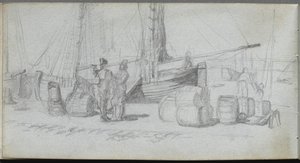 Carnet de croquis, page 50 : Bateaux, figures, cargaison sur une plage - Ernest Meissonier